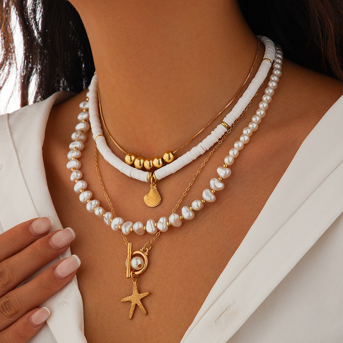 Minimalist Geometric Alloy and Faux Pearl Multi-layer Necklace for Women