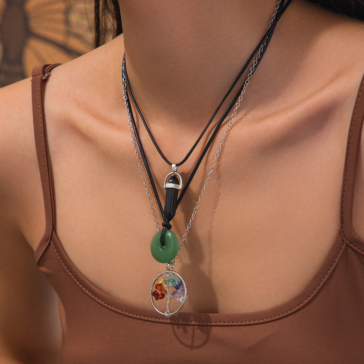Collana con pendente in cristallo geometrico vintage a forma di albero con cordino in pelle cerata e catena a O in lega per donna