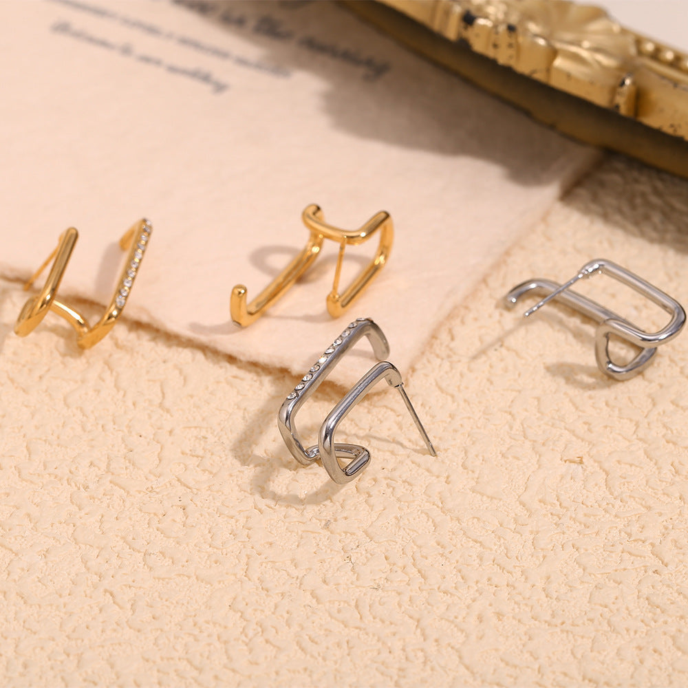 Minimalist Geometric Stainless Steel Earrings with 18K Gold Plating for Women Asymmetric Double-Layer Studs