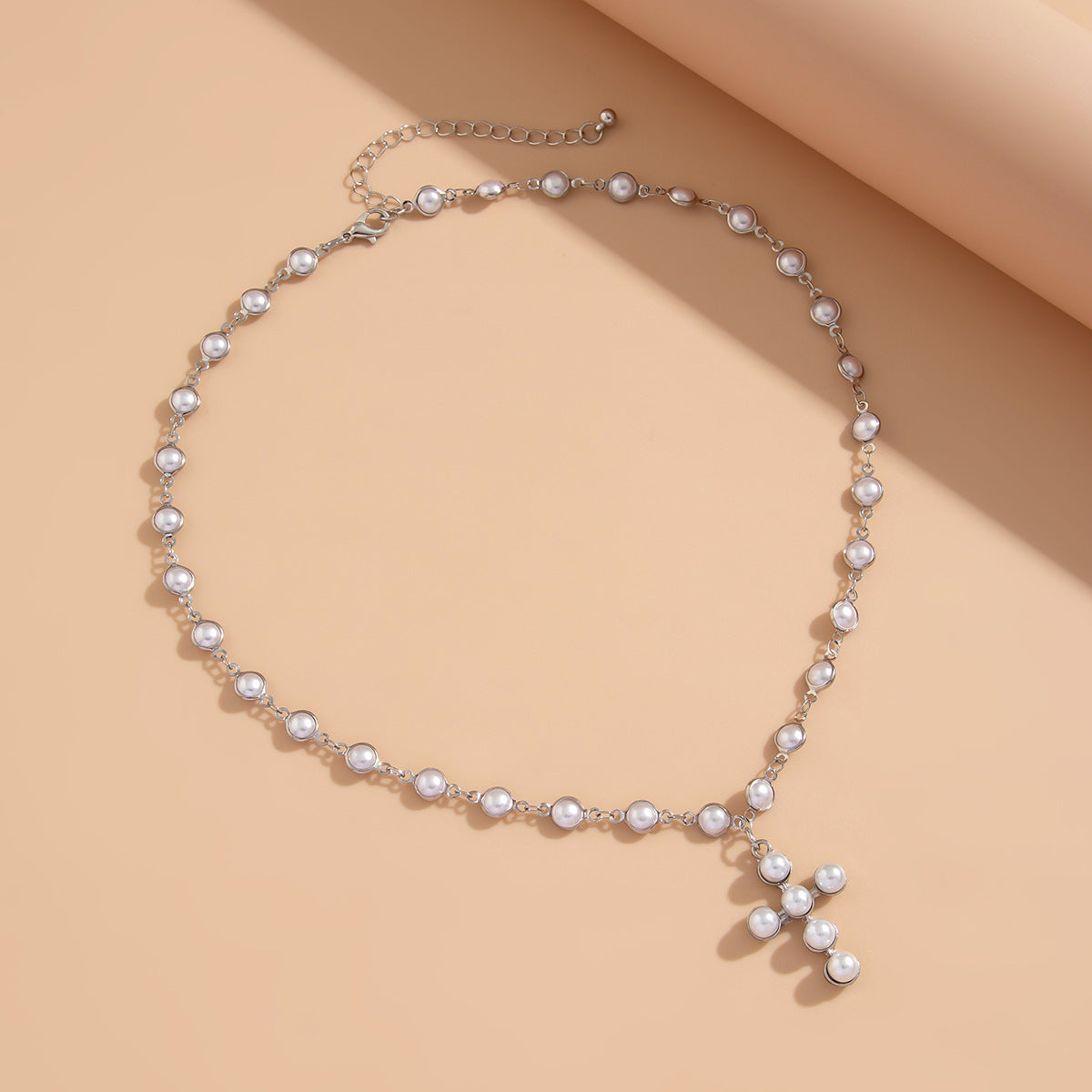 Gothic Elegant Cross Geometric Alloy Pendant Necklace with Faux Pearl Ball Chain for Women