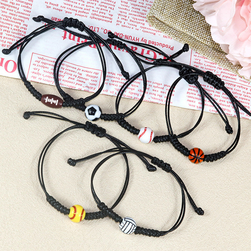 Sporty Handmade Braided Wax Cord Bracelet with Basketball Football Baseball Charms Adjustable Unisex DIY Charm Bar