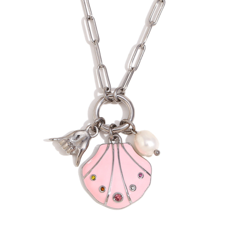 Collana con ciondolo in acciaio inossidabile geometrico minimalista alla moda con placcatura in oro 18 carati, dettagli in strass colorati, motivo a conchiglia e design a gesto della mano