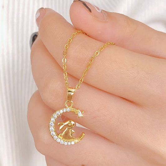 Minimalist Moon and Rabbit Pendant Necklace in Titanium Steel with Gold Plating for Women