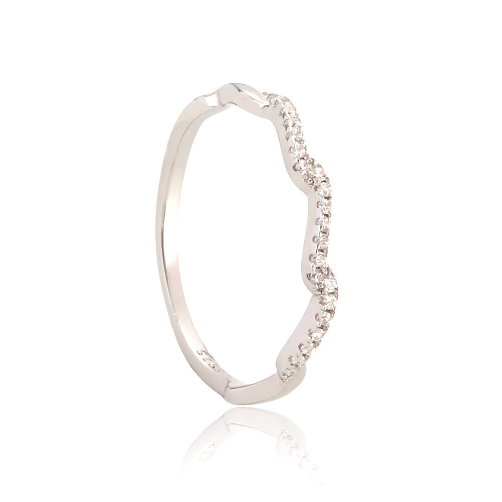 Minimalist Geometric Wave-Textured S925 Sterling Silver Ring for Women with Rhinestone Inlay, Stackable Index Finger Band