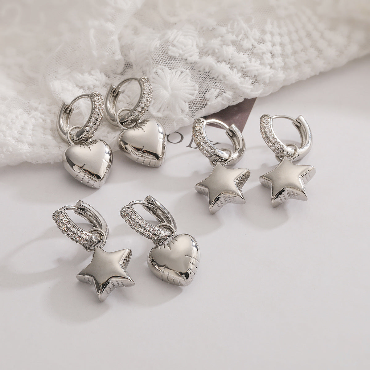 Minimalist Star and Heart-Shaped Copper Earrings with Gold Plating and Zircon Inlay for Women