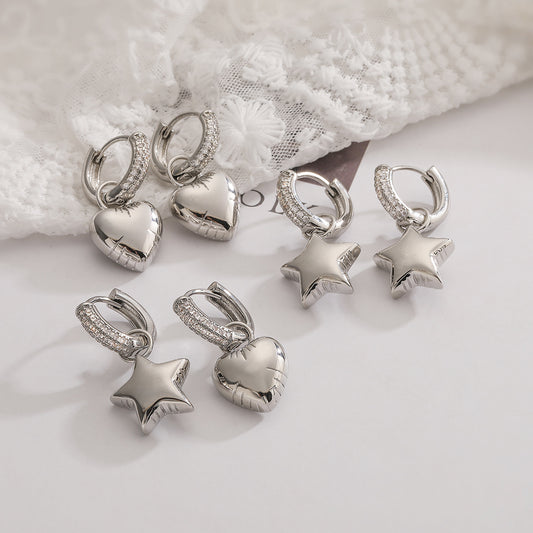 Minimalist Star and Heart-Shaped Copper Earrings with Gold Plating and Zircon Inlay for Women
