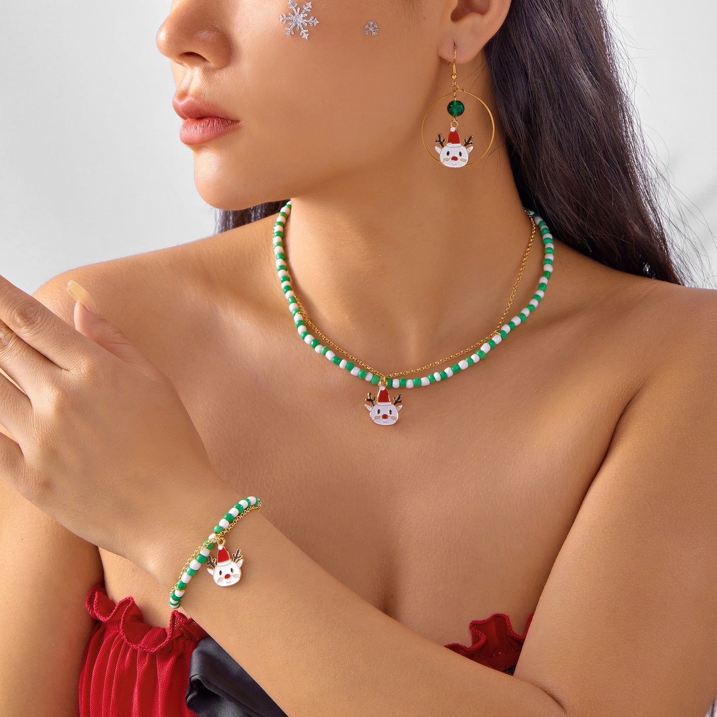 Fashion-Forward Christmas Necklace Set with Snowflake and Deer Pendant, Alloy Chain, Earrings and Bracelet, Women's Holiday Jewelry