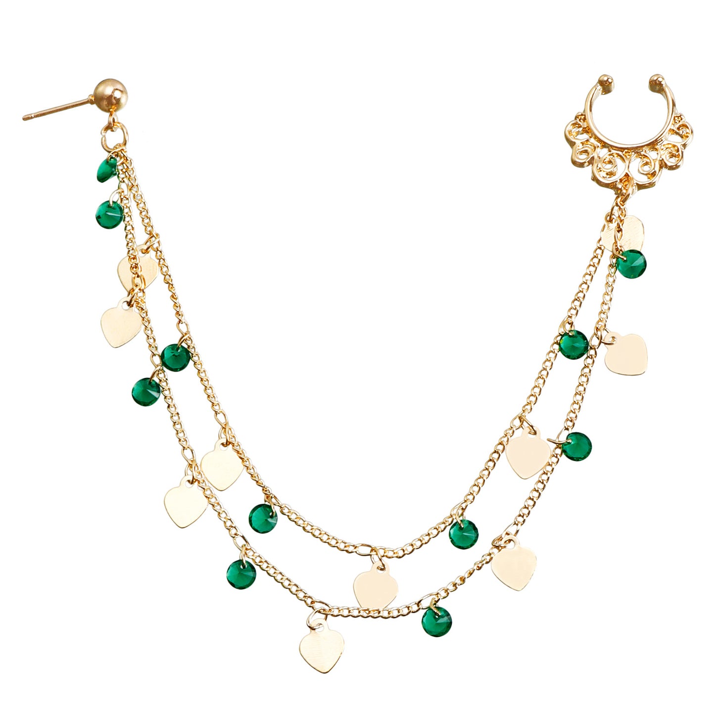Bohemian Green Crystal Heart Geometric Plated Alloy Nose Ring with Tassel for Unisex