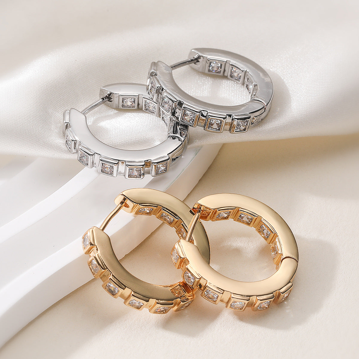 Minimalist Geometric Brass Gold Plated Cubic Zirconia Hoop Earrings for Women