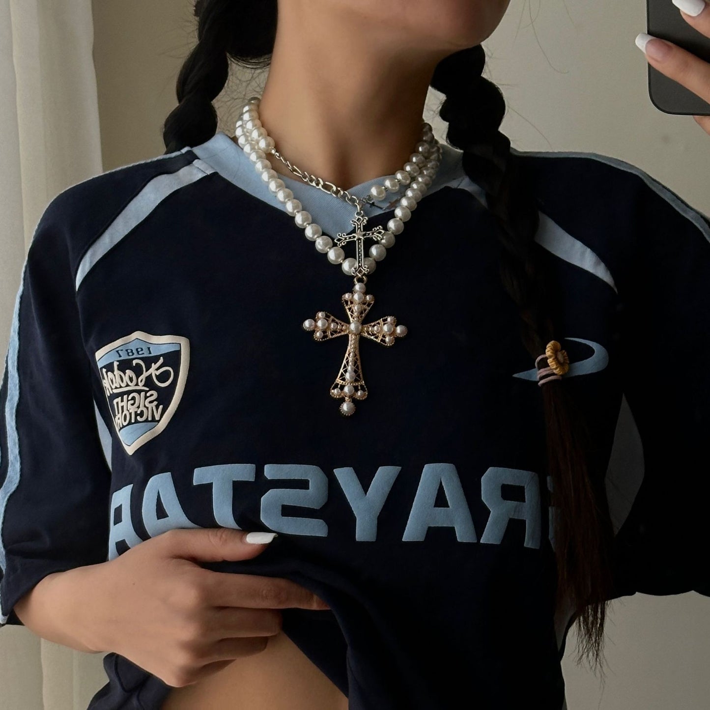 Fashion Multi-Layer Geometric Cross Rhinestone Inlay Alloy Pendant Ball Chain Necklace for Women
