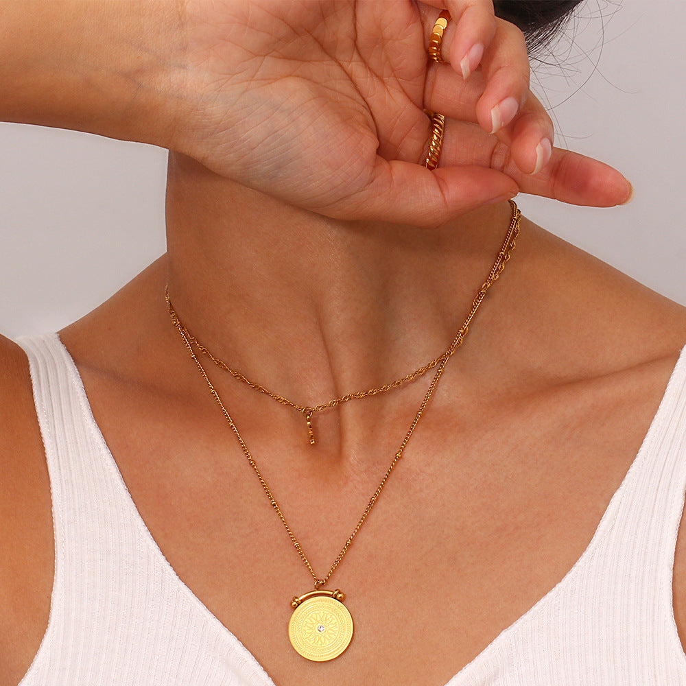 Minimalist Luxury Compass Pendant Necklace for Women with Stainless Steel Chain and 18K Gold Plating Double-Layer Geometric Design