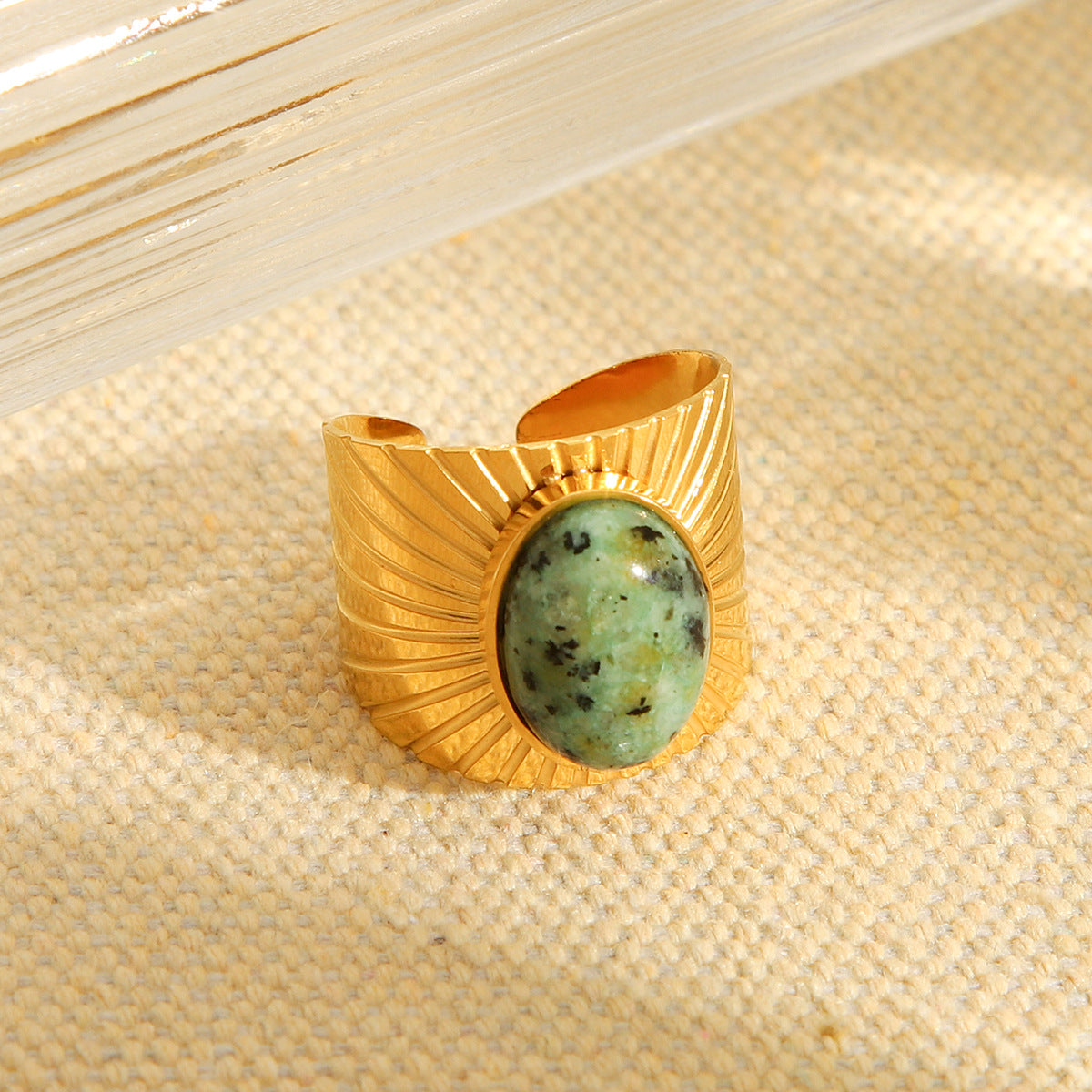 Vintage French Court Style Oval Turquoise Wide Band Open Ring for Women Made of Titanium Steel with Plated Finish