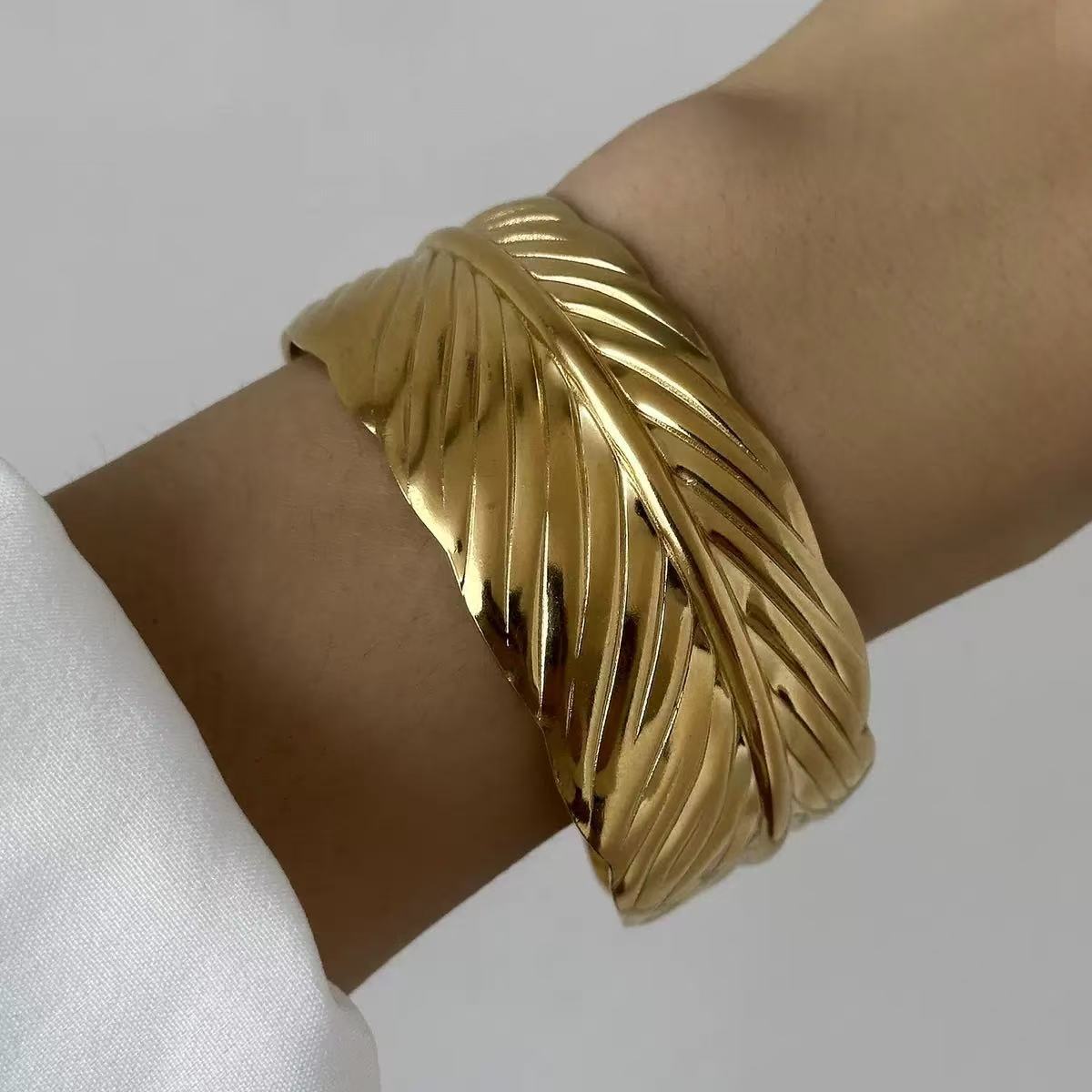 Fashion Geometric Textured Wave Pattern Plated Stainless Steel Wide Open Cuff Bracelet for Women