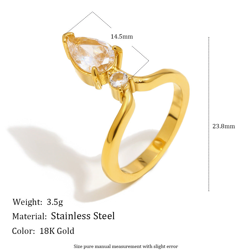 Anillo minimalista de acero inoxidable con chapa de oro de 18k, diseño geométrico y circonitas en forma de lágrima