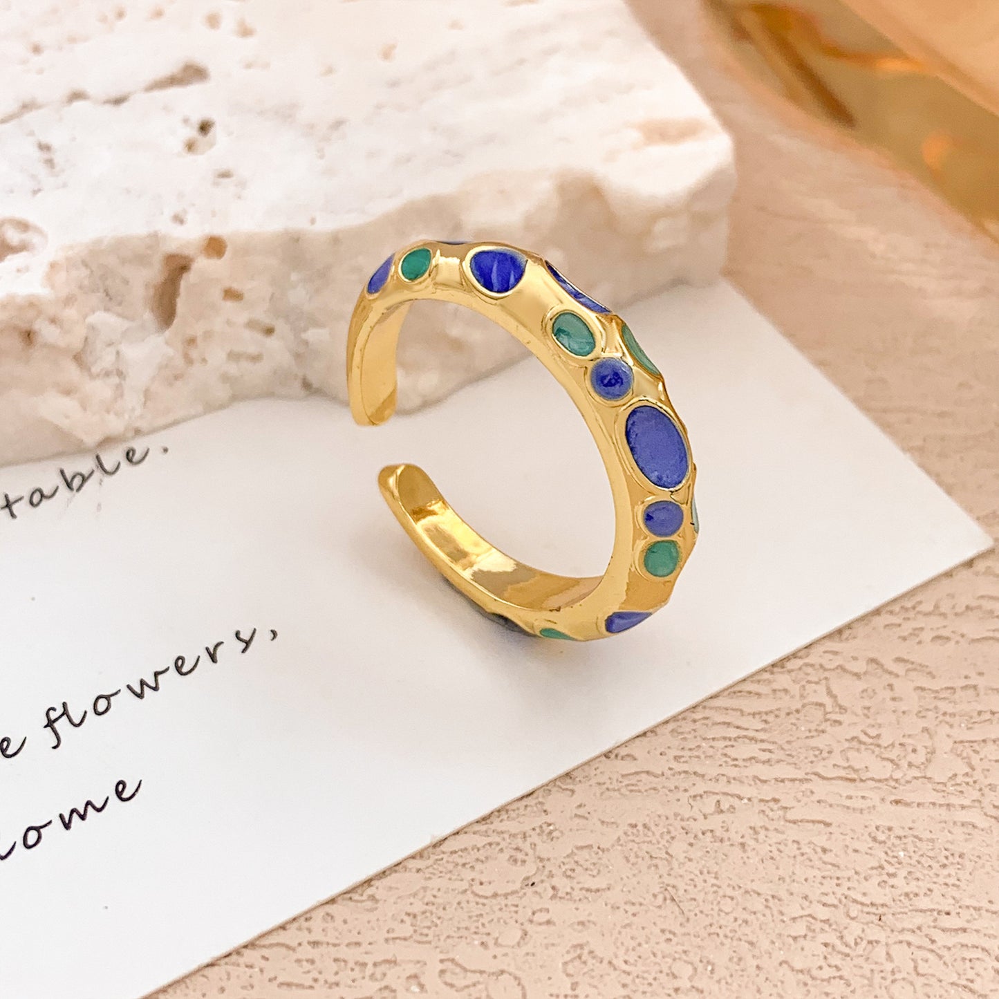 Anello regolabile aperto da donna vintage elegante in lega placcato oro con olio a goccia a pois geometrici