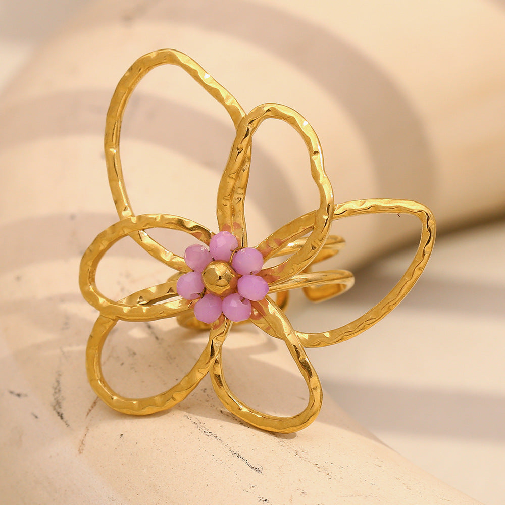 Fashionable Floral Ring for Women in Stainless Steel with 18K Gold Plating and Colorful Beads