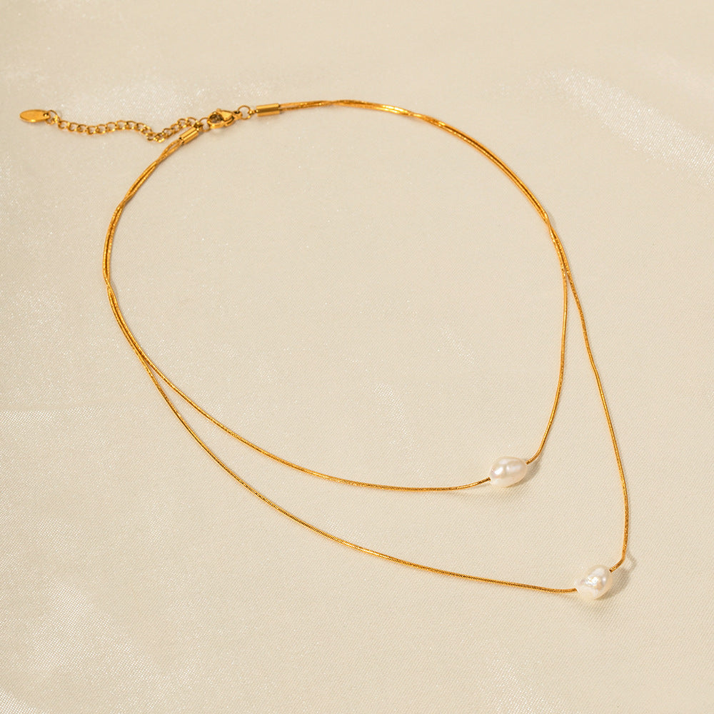 Collana da donna a doppio strato in acciaio inossidabile placcato oro 18K stile Ins con perle d'acqua dolce e forme geometriche