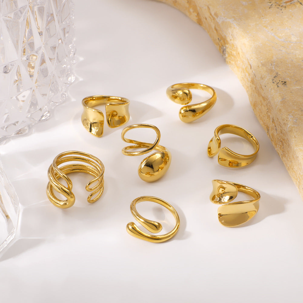 Geometric Teardrop-Shaped Stainless Steel Ring with Polished Finish and 18K Vacuum Plating for Women