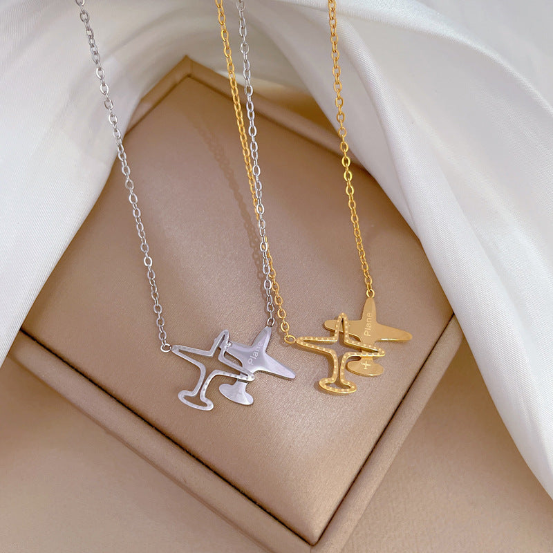 Minimalist Titanium Steel Geometric Airplane Pendant Necklace for Women and Men, Gold-Plated Clavicle Chain with Modern Office Style