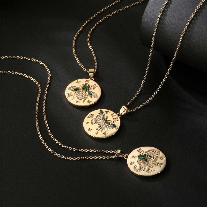 18K Gold Plated Round Animal Micro-Inlaid Cubic Zirconia Brass Pendant Necklace with Cable Chain