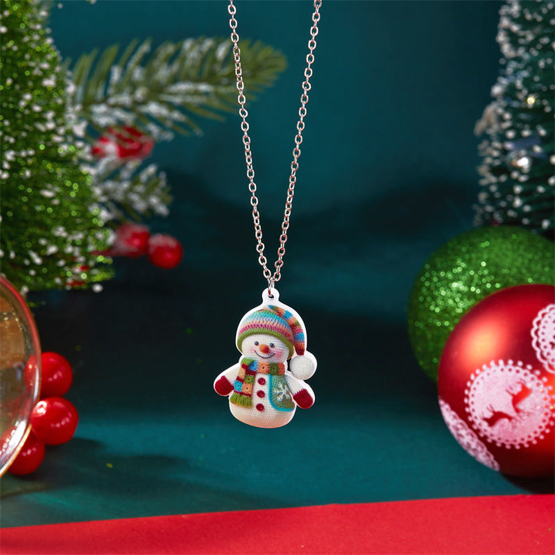 Elegante juego de collar y aretes de acrílico con colgante de muñeco de nieve para mujer con dije de aleación de zinc, cadena tipo O, acabado artesanal, joyería navideña temática