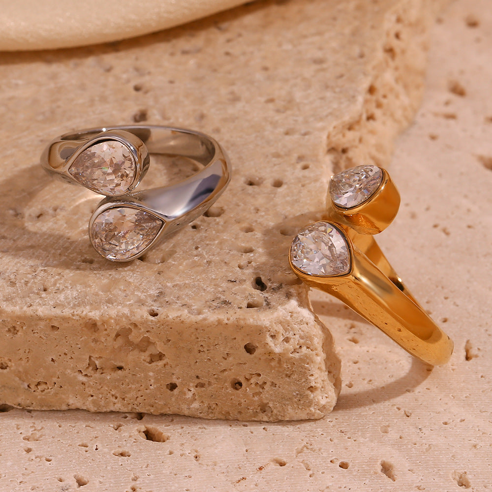 Minimalist Geometric Stainless Steel Plated 18K Gold Double Teardrop Open Ring for Women