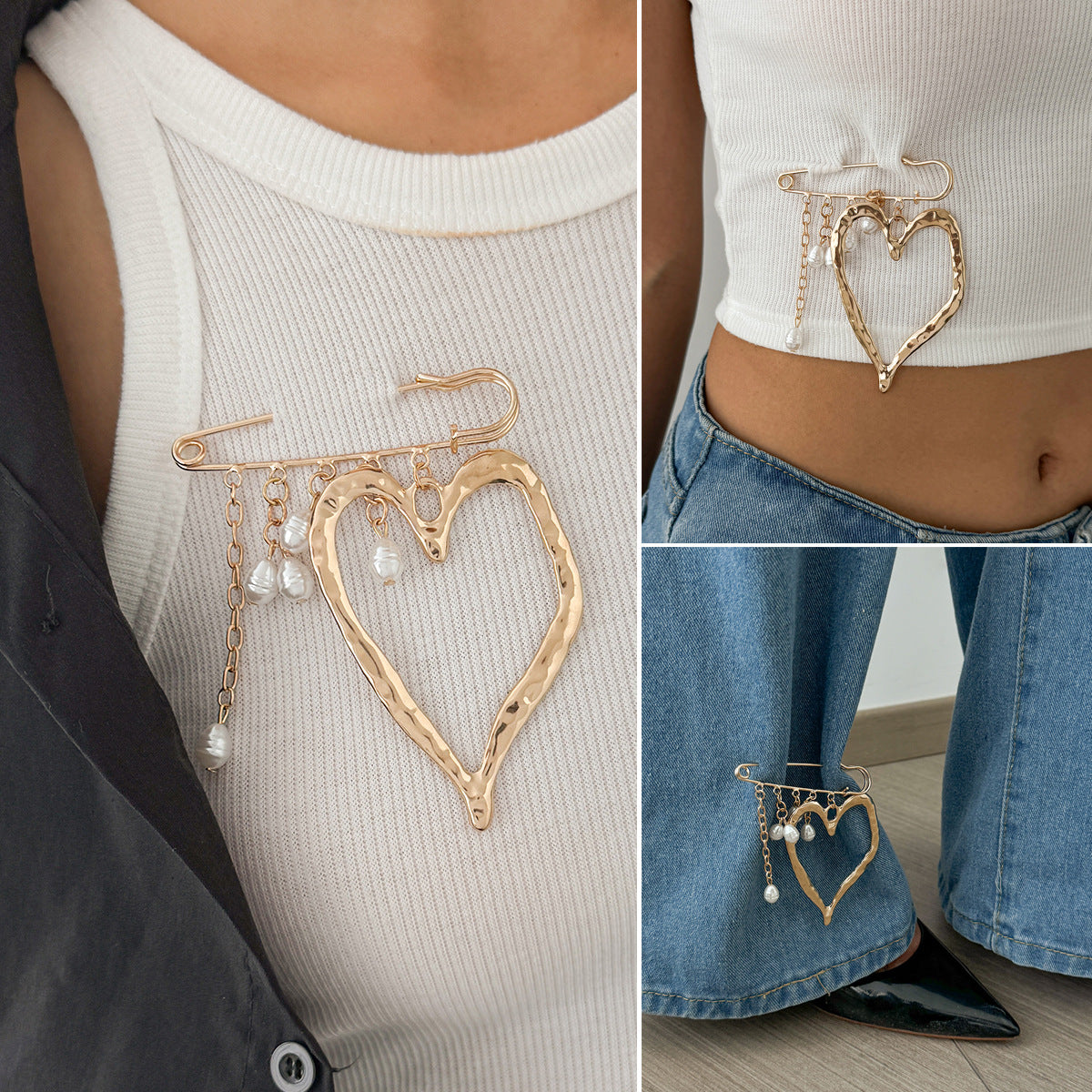 Elegant Heart Shaped Alloy Brooch with Faux Pearl Tassel Plated Pin for Women