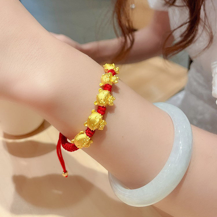 Braccialetto con ciondolo a tigre in stile cinese con cordino rosso intrecciato da uomo e da donna, con ciondolo in lega e finitura smaltata