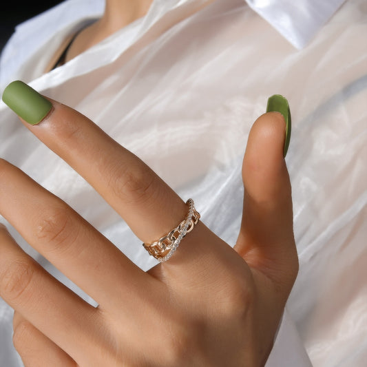 Anillo abierto ajustable con diseño geométrico en forma de U de estilo OL a la moda para mujer con incrustaciones de circonio en cobre