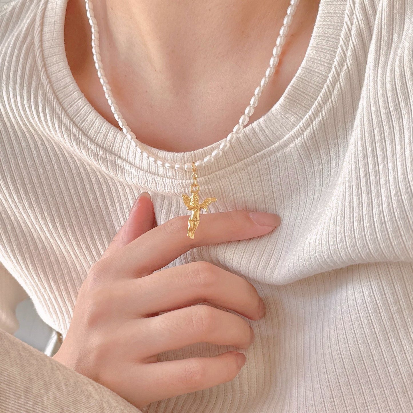 Minimalist French Style Angel Pendant Necklace for Women in 925 Sterling Silver with Cubic Zirconia and Artificial Pearl on Snake Chain