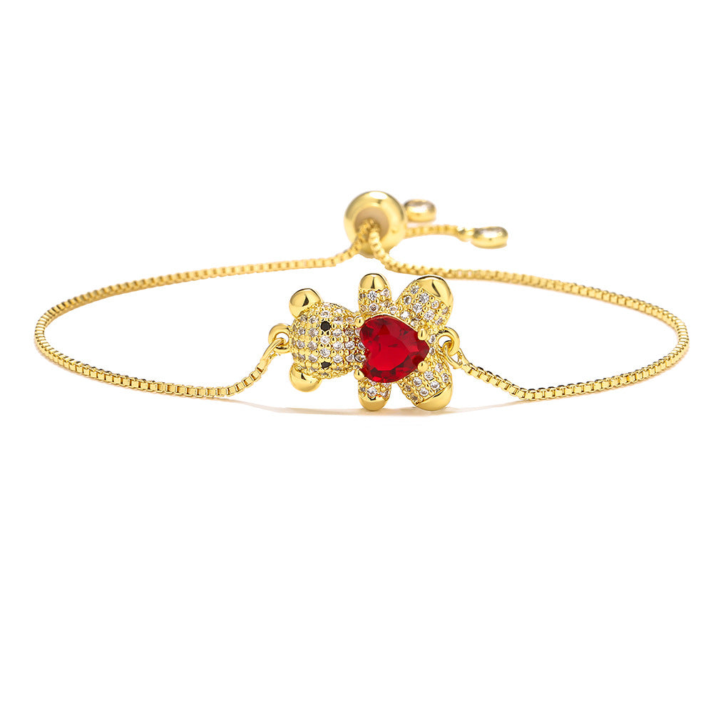 Cute Heart-Shaped Bear Adjustable Drawstring Bracelet for Women in Copper with Zircon Inlay