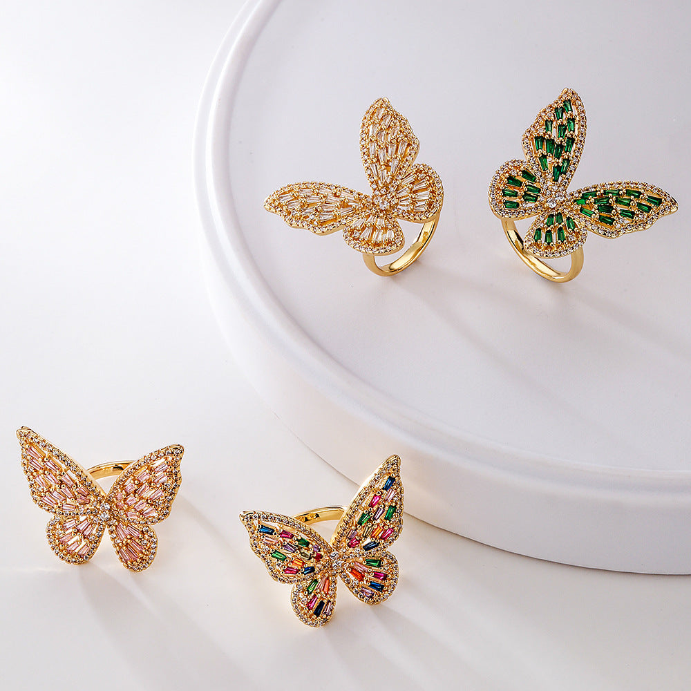 Elegant Luxury Butterfly-Shaped Ring for Women Made of Copper with Real Gold Plating and Micro-Pavé Colored Zirconia