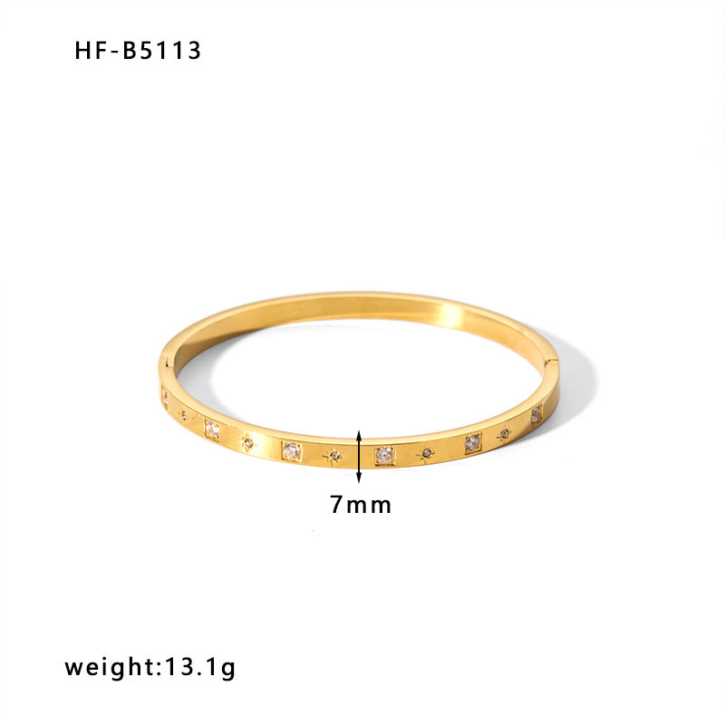 INS Style Women's Titanium Steel Bracelet with 18K Gold Plating and Zircon Inlay, Geometric Ring-Shaped Fashion Jewelry