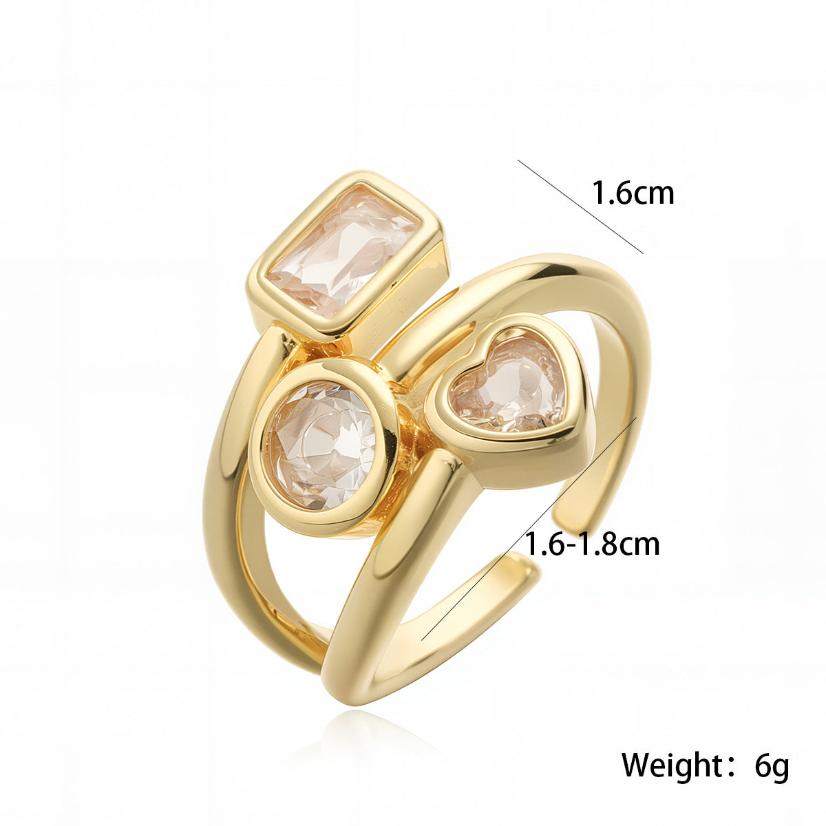 Anello aperto geometrico minimalista in rame con placcatura in vero oro e intarsio di zirconi per donna