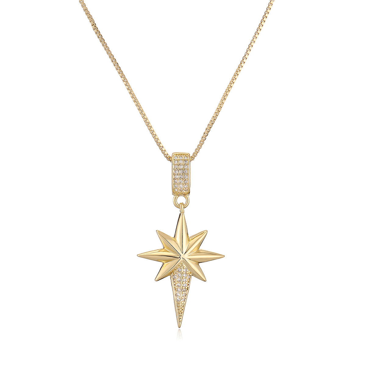 Minimalist Geometric Eight-Pointed Star Pendant Necklace for Women with Copper Base Plated in 18K Gold and Zircon Inlay