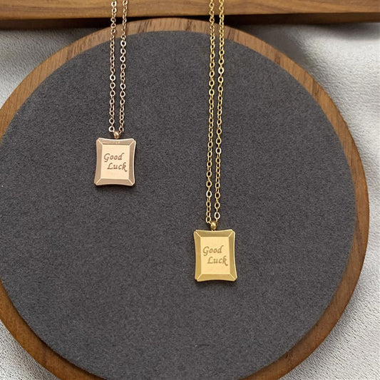 Minimalist Square Pendant Necklace with Engraved Good Luck Letter Charm in Titanium Steel for Women