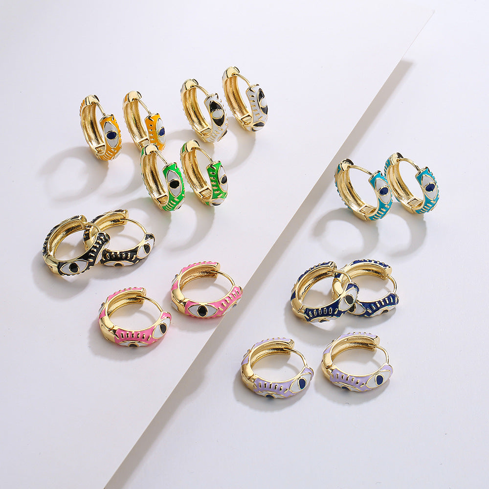 Bohemian Style Geometric Copper Hoop Earrings with 18K Gold Plating and Enamel Eye Detail for Women