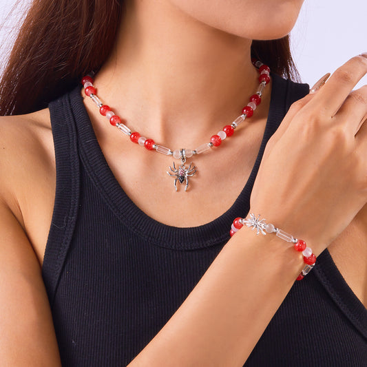 Collar gótico de araña de Halloween para mujer con cuentas que brillan en la oscuridad e incrustaciones de diamantes de imitación en cadena cruzada