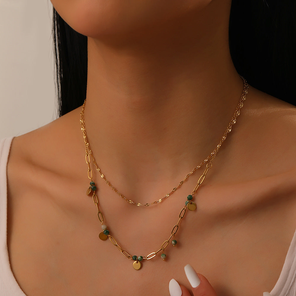 Vintage-Style Geometric Stainless Steel Plated Clavicle Necklace for Women with Double-Layer O-Chain Design