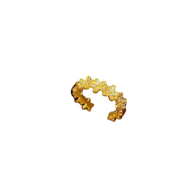 Minimalist Adjustable Open Ring for Women with Crown Shape in Brass with Zircon Inlay
