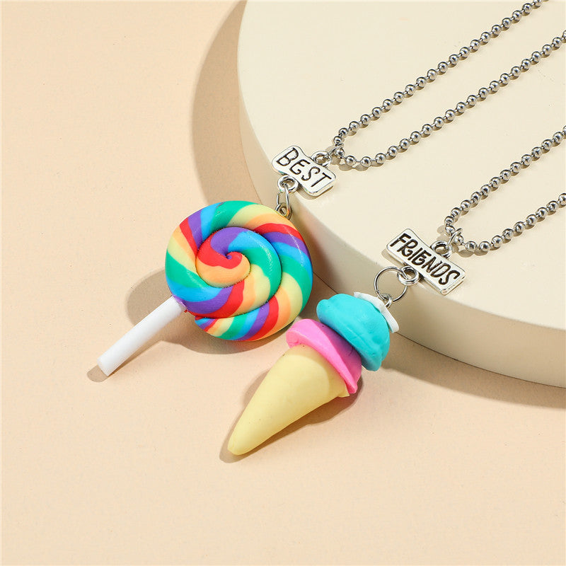 Collana con ciondolo in argilla polimerica a forma di lecca-lecca e gelato a fumetto per bambini, catena clavicolare regolabile