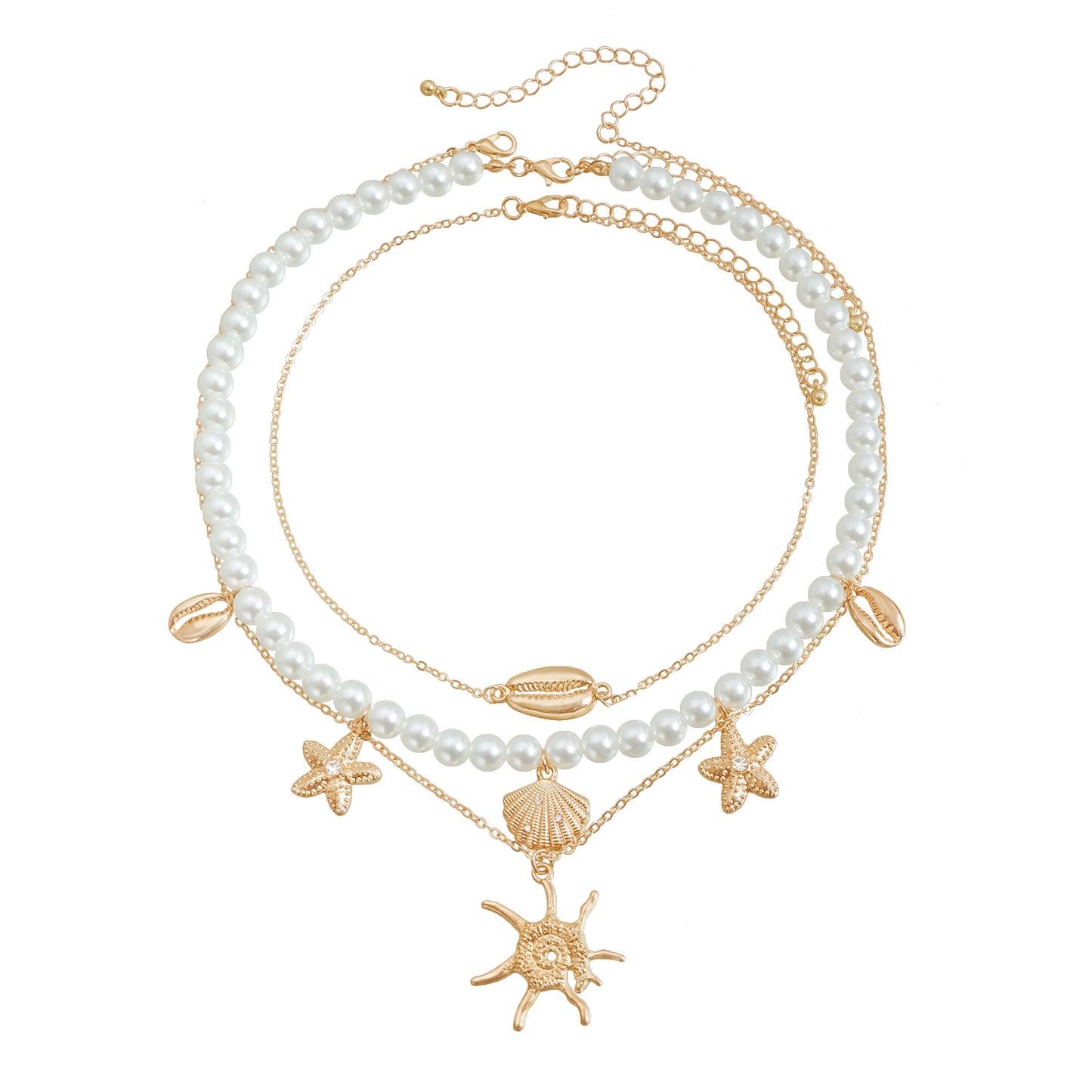 Collar de perlas barrocas con forma de estrella de mar y concha para mujer, con colgante de aleación y acabado chapado, cadena geométrica estilo vacaciones en la playa