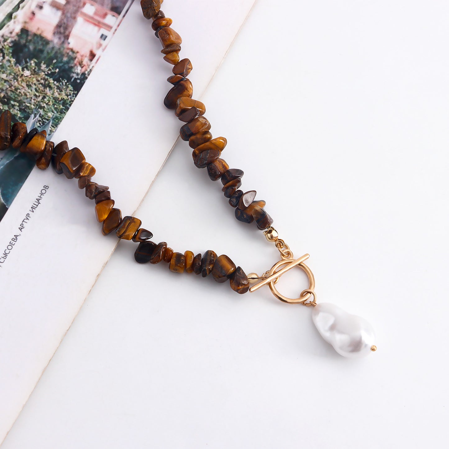Minimalist Geometric Pendant Necklace for Women with Imitation Pearl and Plated Alloy Accents in Turquoise Brown Tone