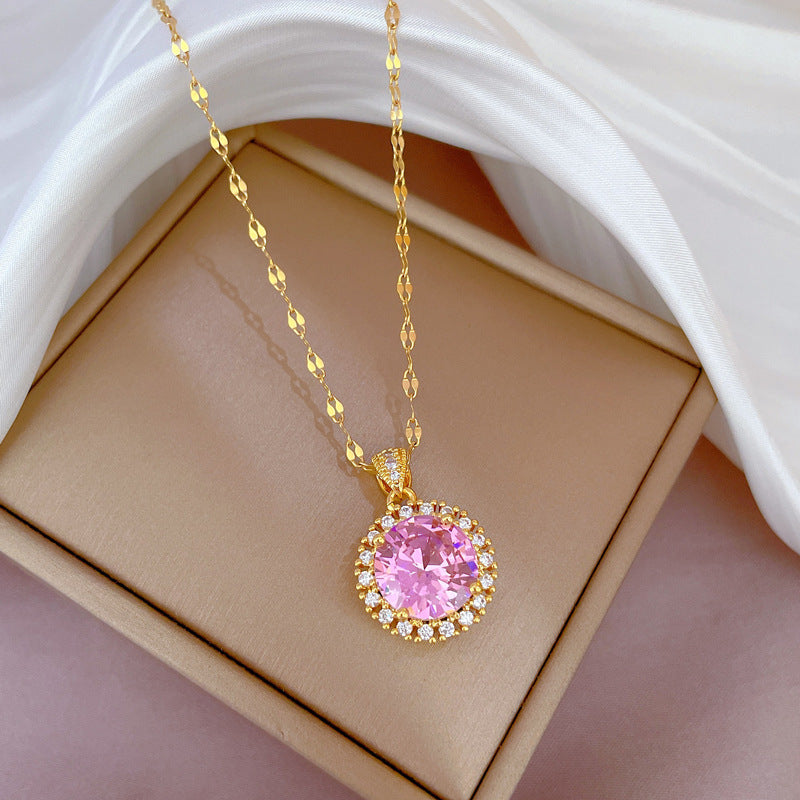 Elegant Titanium Steel Geometric Pendant Necklace for Women with Micro-Paved Rhinestones, Delicate Clavicle Chain
