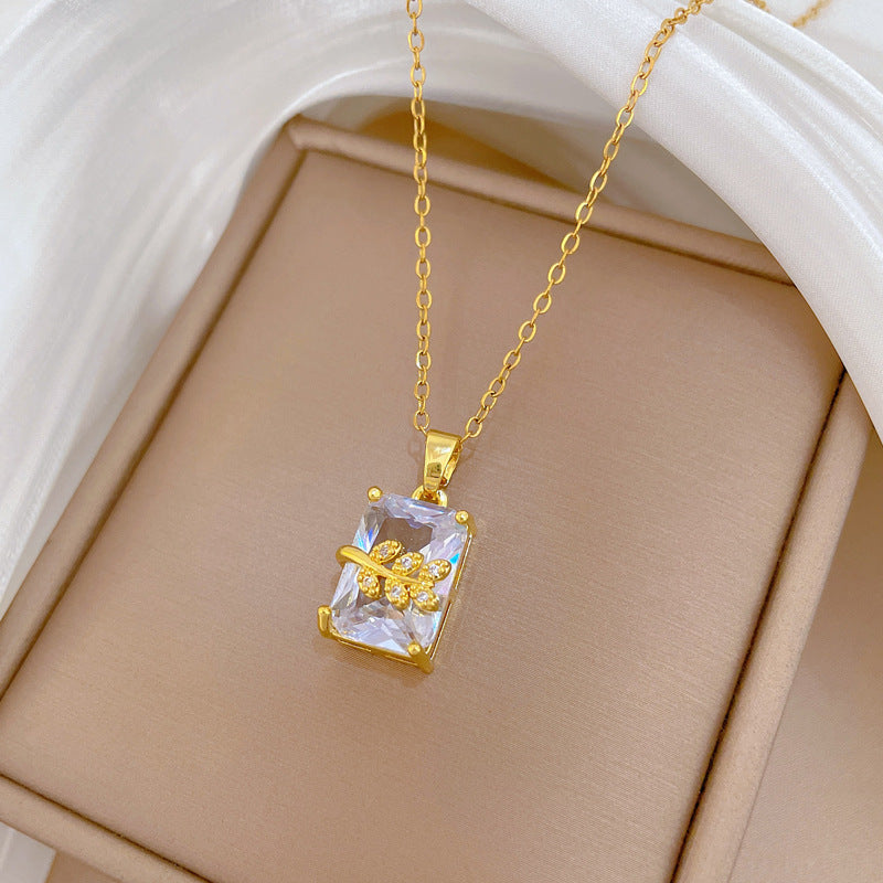 Sweet Rectangle Leaf Plant Rhinestone Inlay Titanium Steel Necklace for Unisex