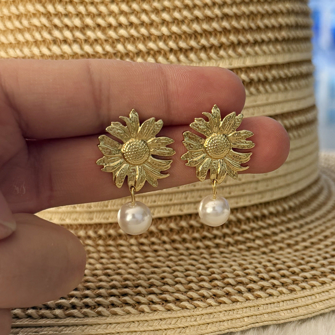 Minimalist Floral Stainless Steel Earrings for Women with Sunflower Motif and Plated Finish