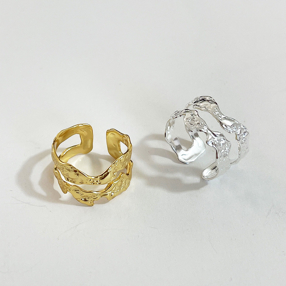 Irregular Textured Double-Layer S925 Sterling Silver Ring for Women with Chain-Inspired Design and Natural Texture