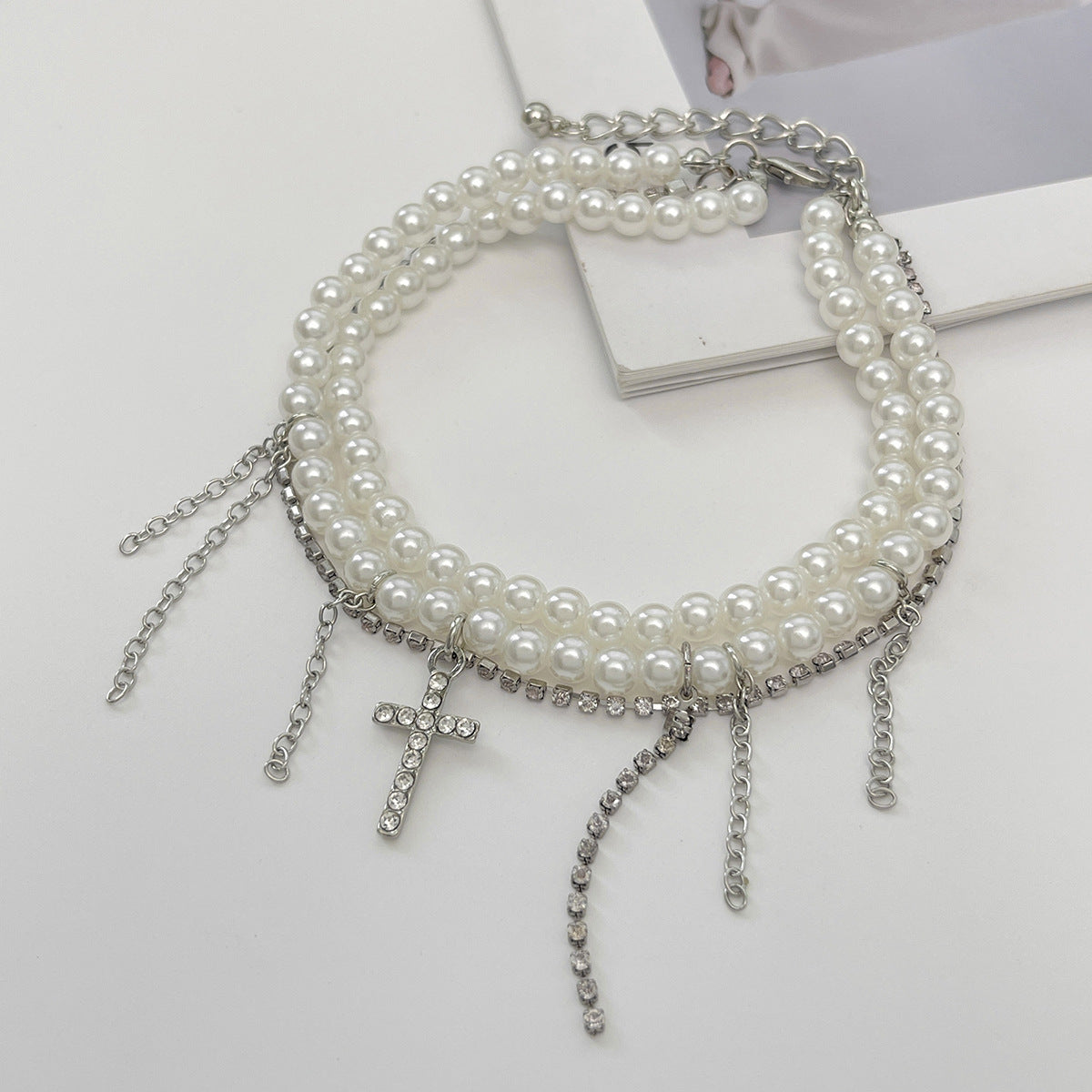 Minimalist Rhinestone Inlaid Cross Faux Pearl Alloy Anklet for Women
