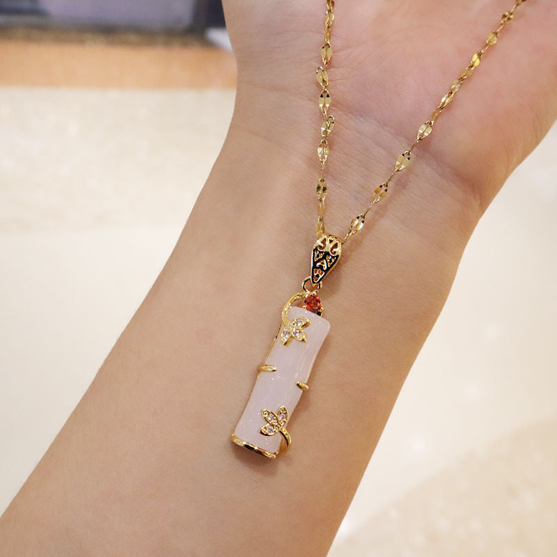 Minimalist Bamboo-Shaped Titanium Steel Pendant Necklace with Gold Plating, Geometric Design, O-Chain, Elegant Locket Style