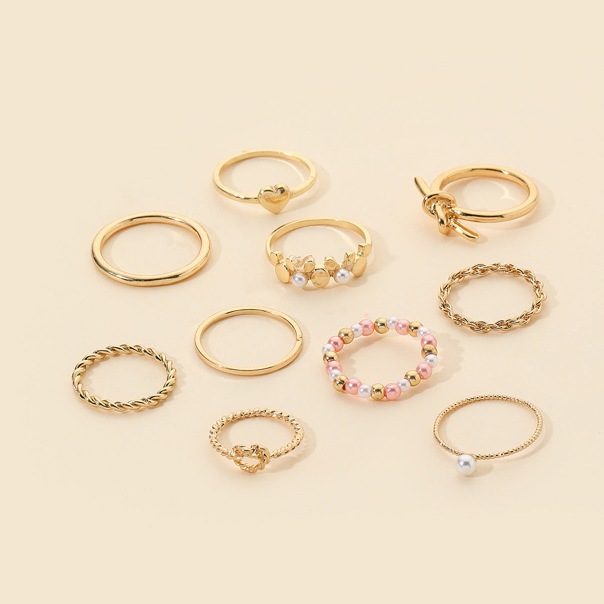 Sweet Gold Plated Geometric Heart Alloy Ring Set with Imitation Pearl for Women
